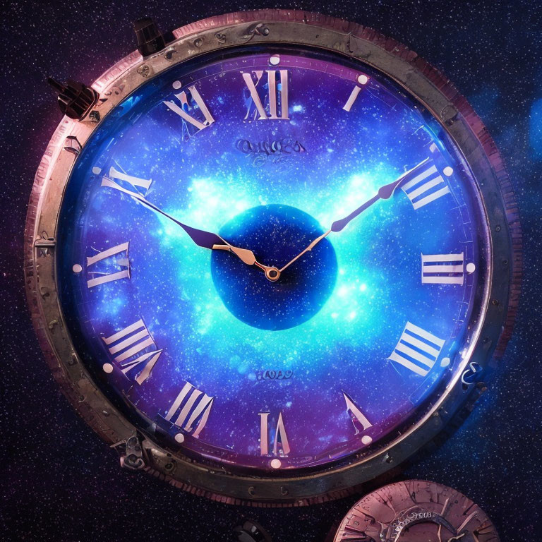 Cosmic-themed clock with Roman numerals and galaxy design