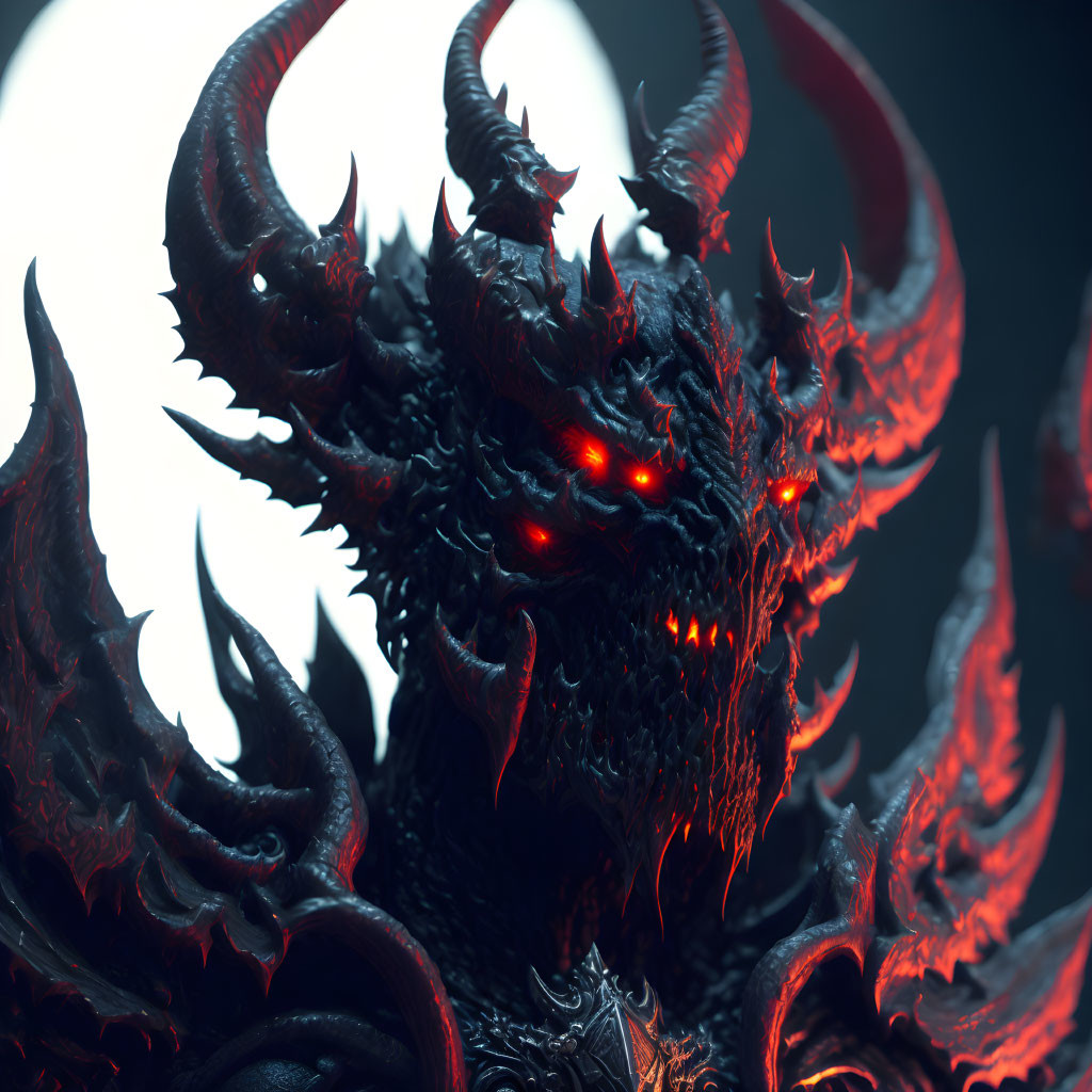 Sinister horned demon with red eyes and spikes in dark setting