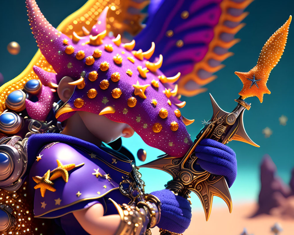 Fantasy character with star-themed armor and celestial wings in 3D illustration