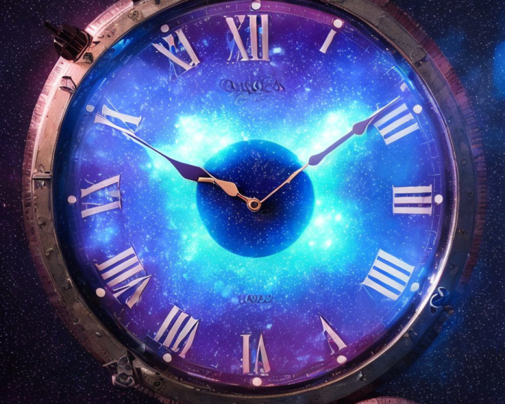 Cosmic-themed clock with Roman numerals and galaxy design