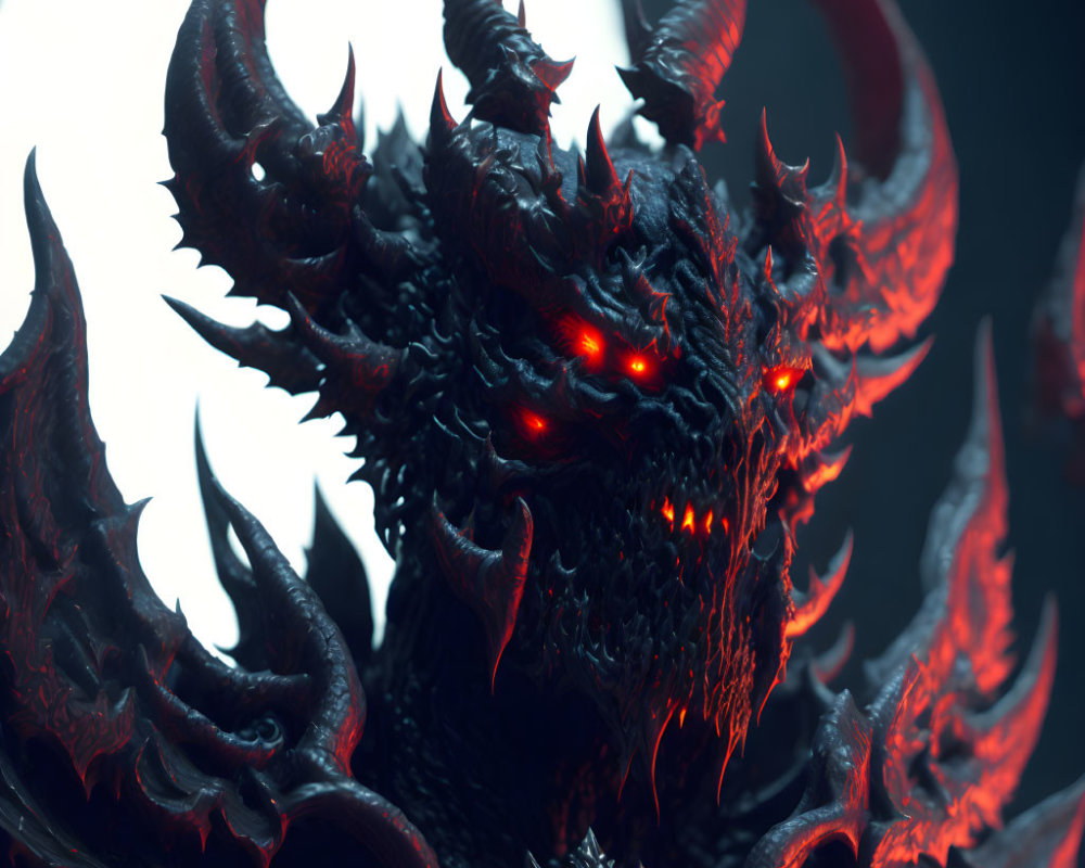 Sinister horned demon with red eyes and spikes in dark setting