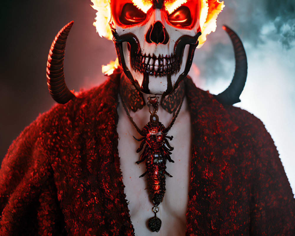 Skull Masked Figure with Glowing Red Eyes and Horns in Red Coat