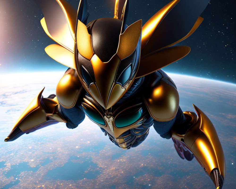 Gold and Black Armored Figure Flying Above Earth's Atmosphere