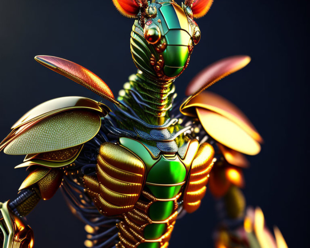 Detailed Metallic 3D Rendering of Humanoid Insect with Colorful Armor