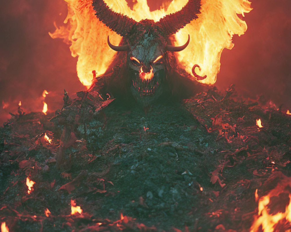 Sinister horned creature with glowing eyes in fiery setting