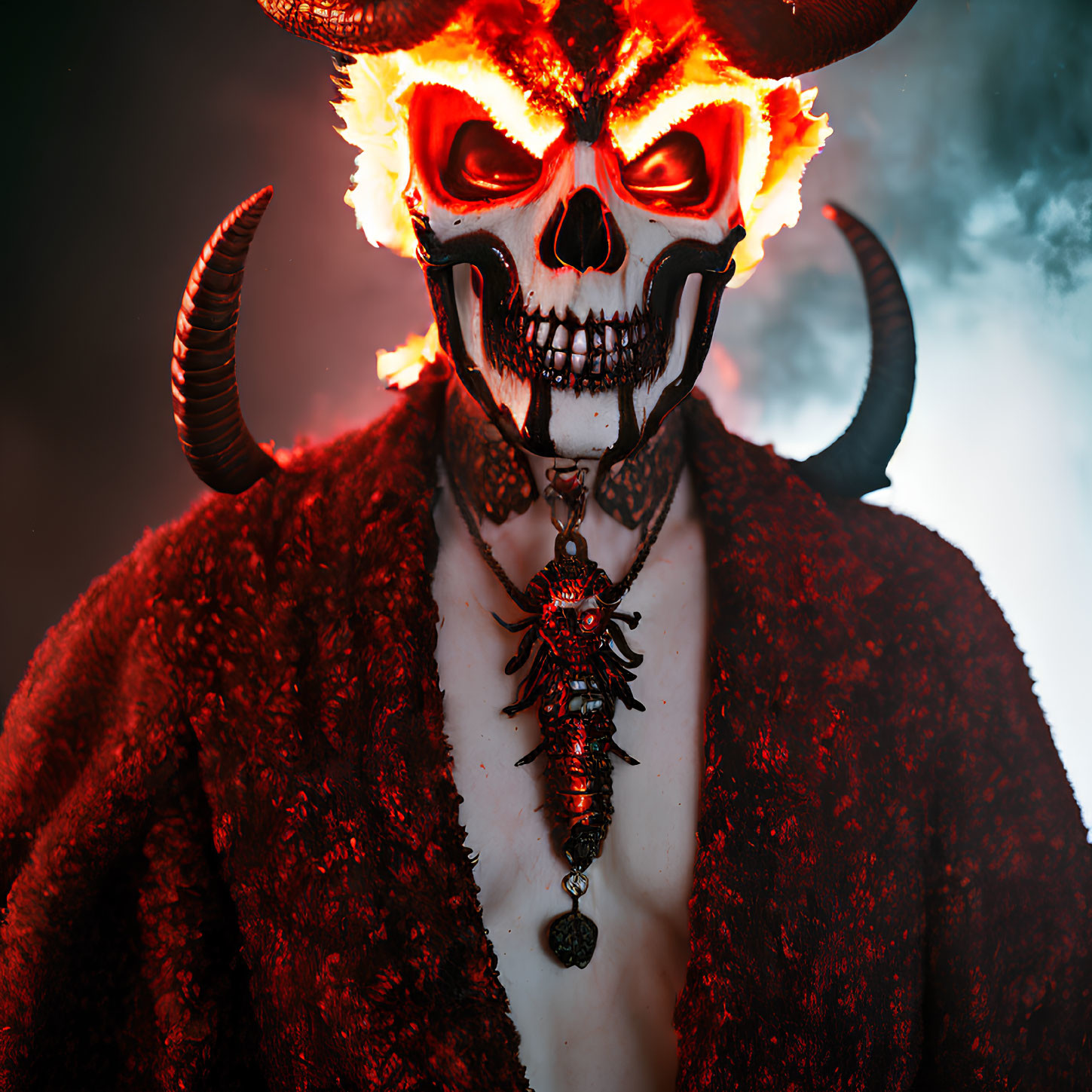 Skull Masked Figure with Glowing Red Eyes and Horns in Red Coat