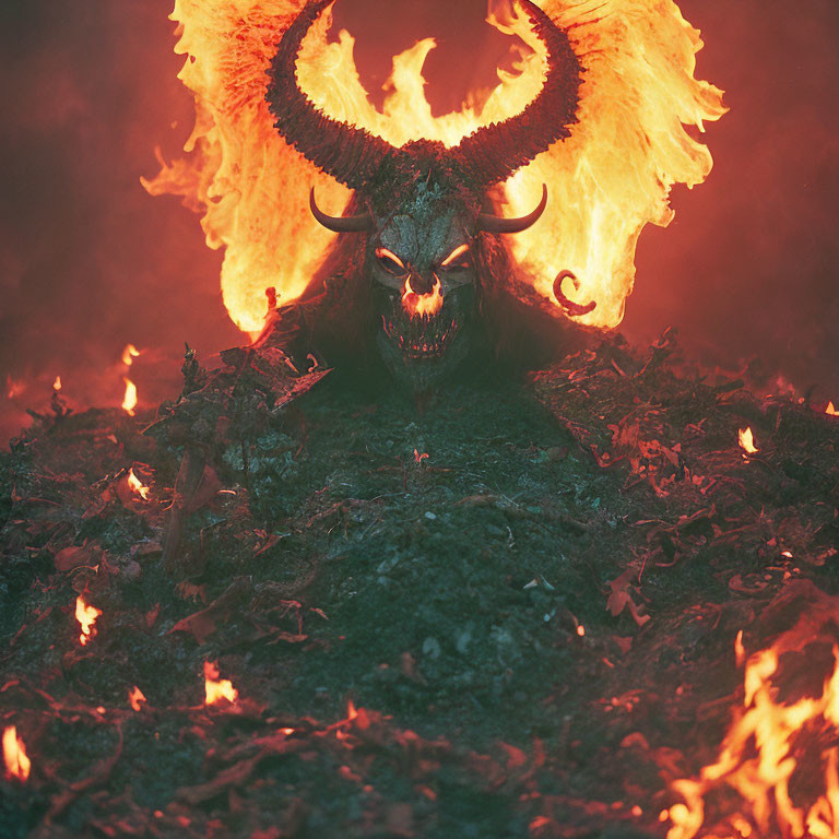 Sinister horned creature with glowing eyes in fiery setting