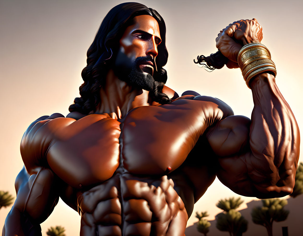 Muscular animated man with long hair and beard flexes bicep in desert setting