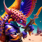 Fantasy character with star-themed armor and celestial wings in 3D illustration