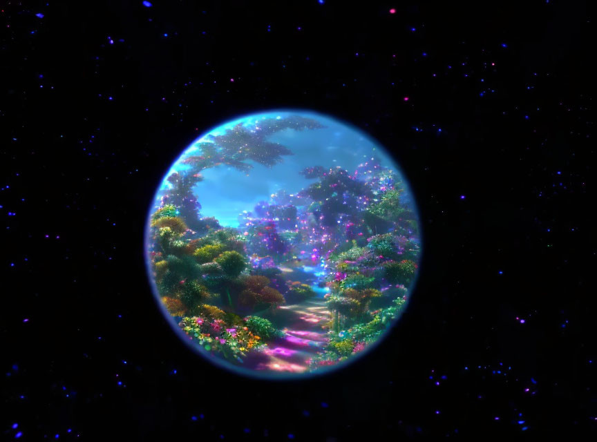 Enchanting forest scene in cosmic sphere with stars.