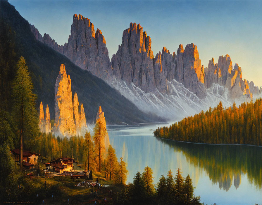 Tranquil lake with mountain range, cabin, and sunset