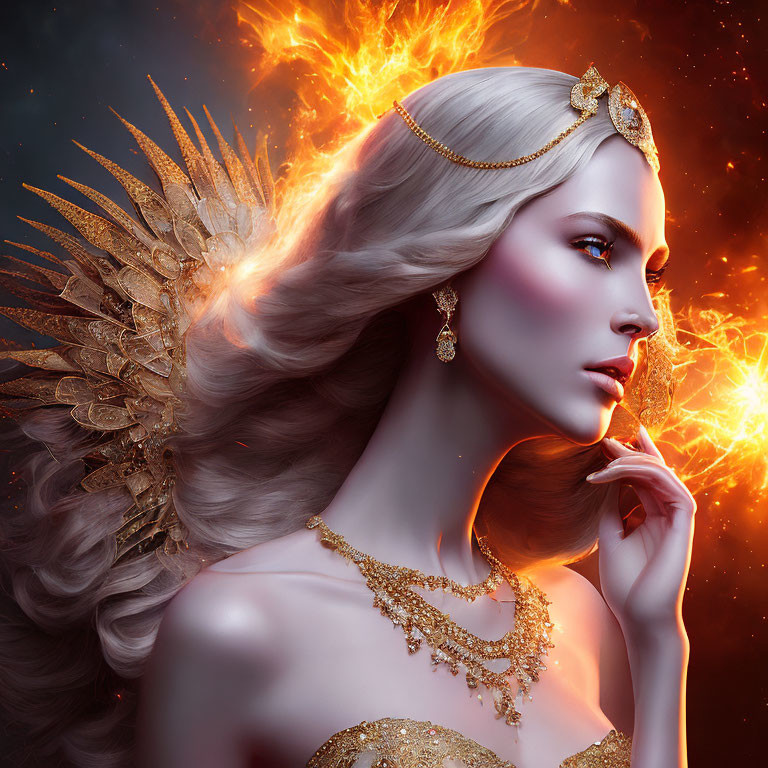 Digital Artwork: Woman with Golden Jewelry and Fiery Wing Adornment on Starry Background
