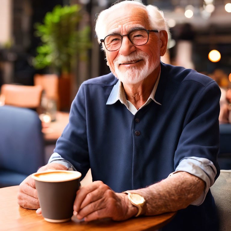 Elderly man in blue shirt and glasses enjoying coffee in a cafe