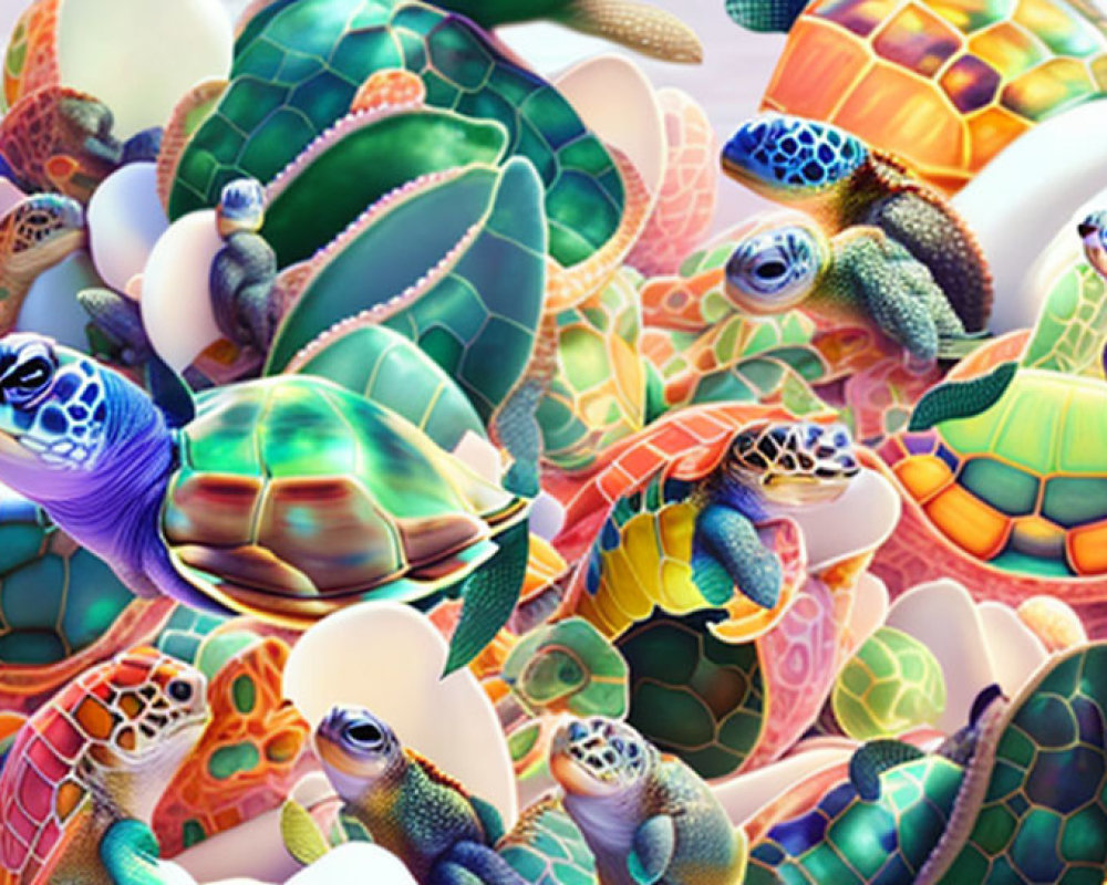 Vibrant surreal illustration of patterned turtles on soft abstract backdrop