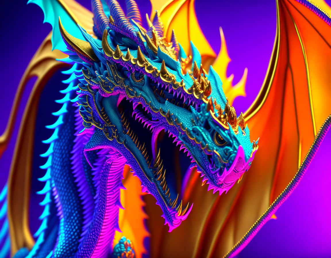 Detailed Blue and Gold Dragon Artwork on Vibrant Background