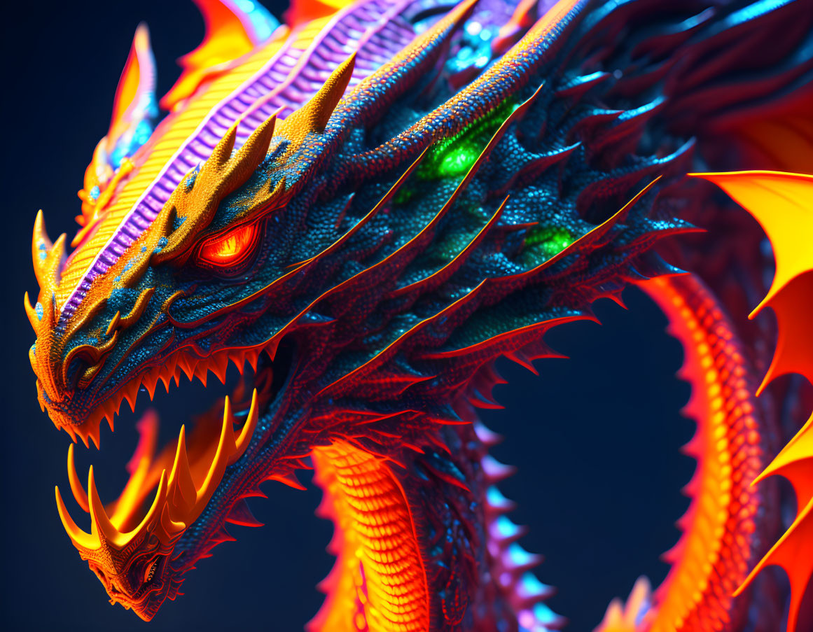 Colorful Dragon Illustration with Detailed Scales and Fierce Features