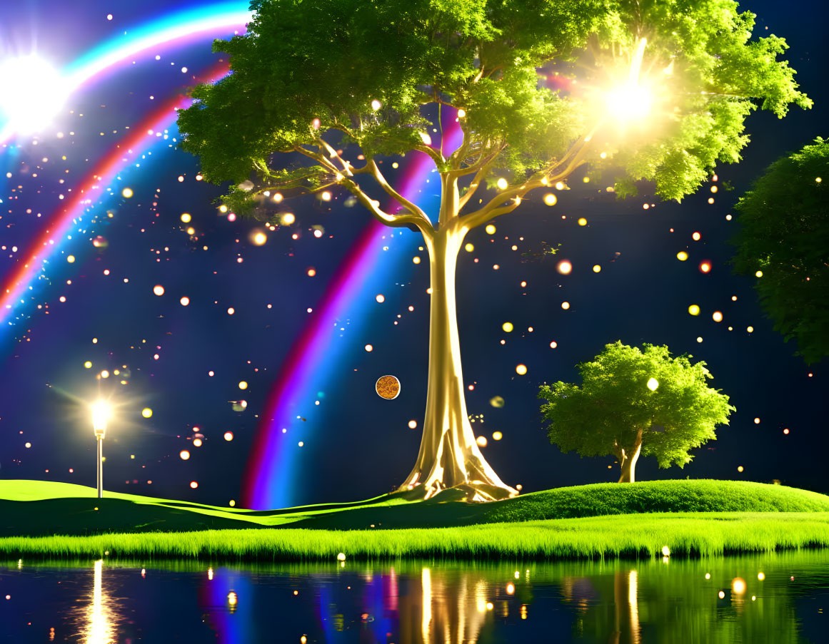 Surreal landscape with luminous tree, rainbow, orbs, and reflecting water