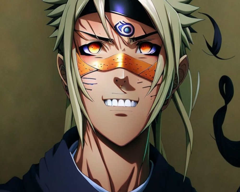 Spiky Green-Haired Animated Character with Blue Eyes and Orange Cheek Markings