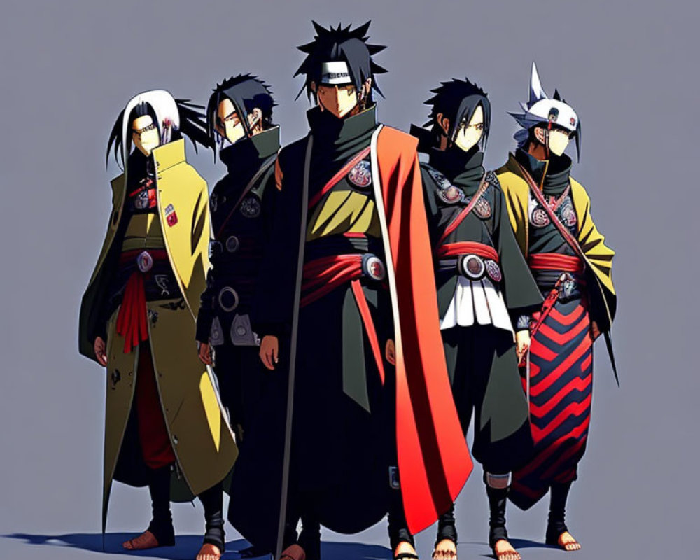 Five Unique Animated Ninja Characters in Various Outfits and Hairstyles