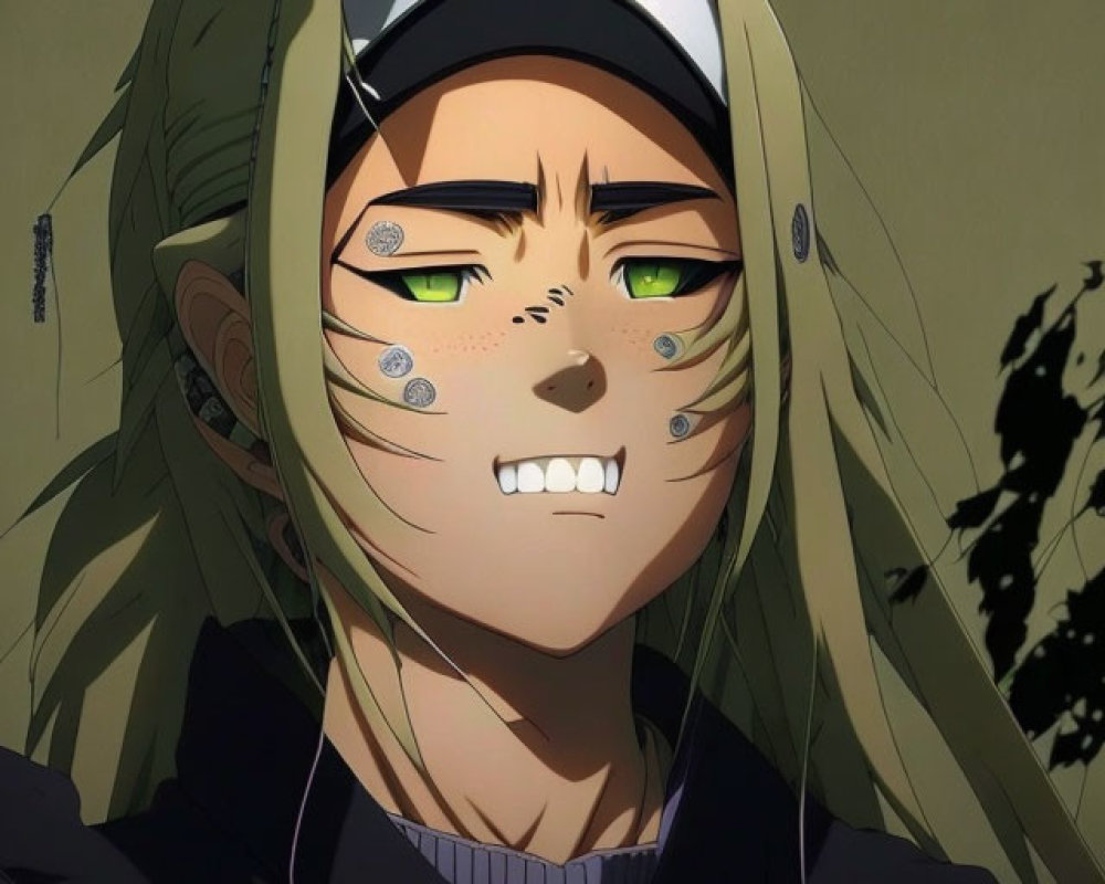 Anime character with green eyes, face tattoos, piercings, and headband in black zip-up