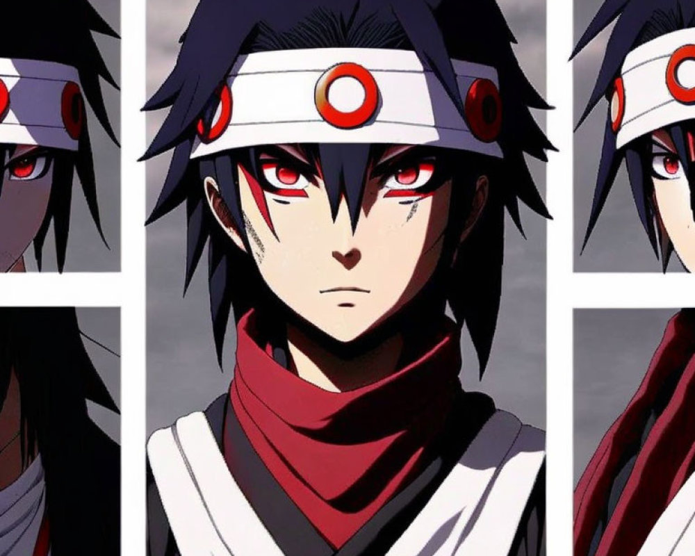 Anime character with black hair and red eyes in red and black outfit collage.