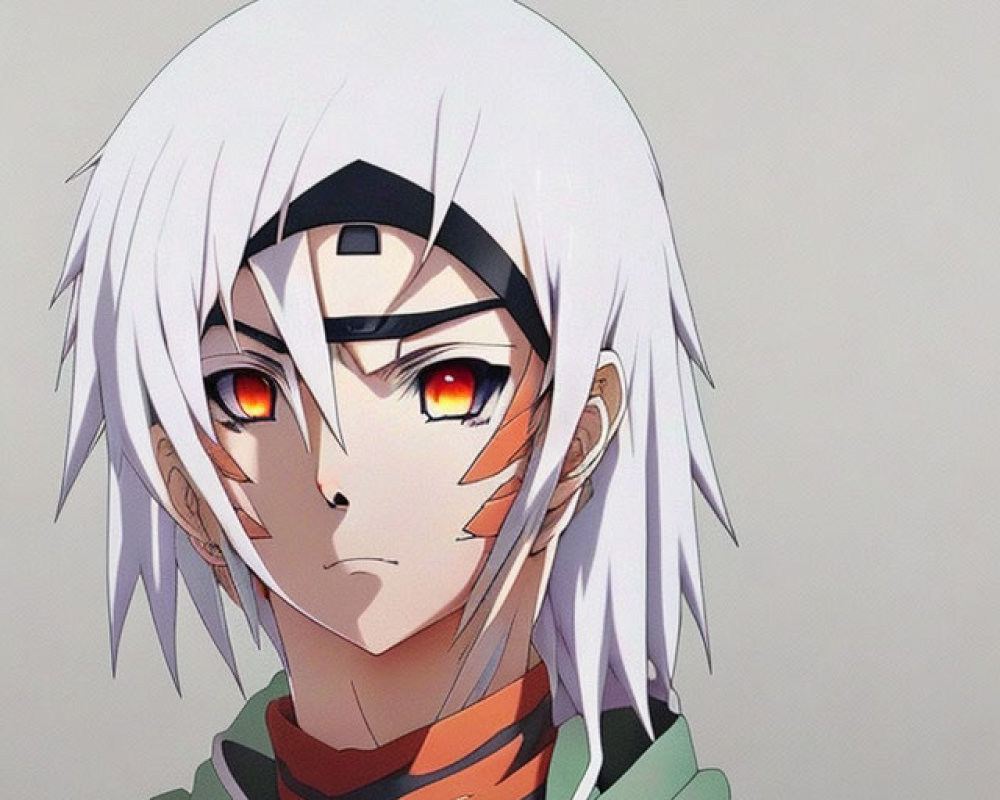 Stylized animated character with white hair, red eyes, green turtleneck, and headband