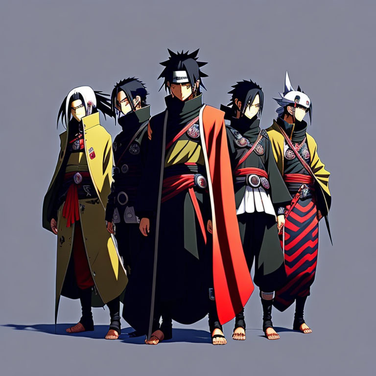 Five Unique Animated Ninja Characters in Various Outfits and Hairstyles