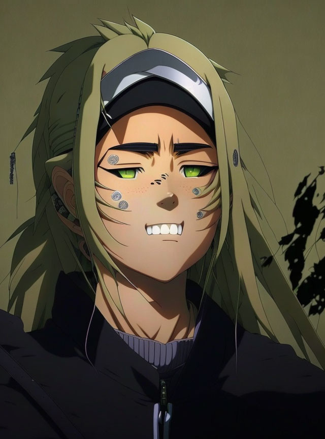 Anime character with green eyes, face tattoos, piercings, and headband in black zip-up