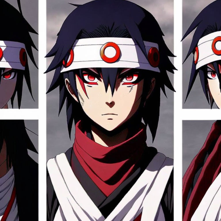 Anime character with black hair and red eyes in red and black outfit collage.