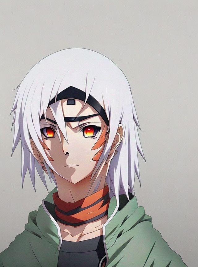 Stylized animated character with white hair, red eyes, green turtleneck, and headband