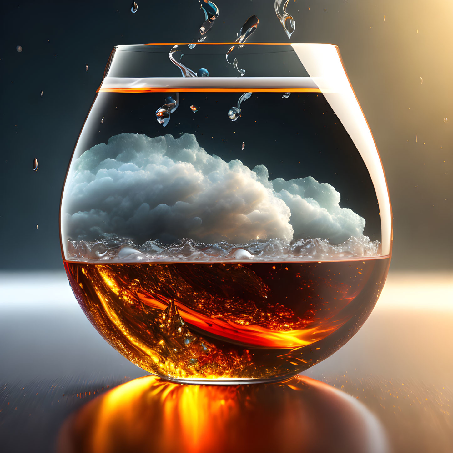 Surreal fishbowl with whiskey, tiny boat, stormy clouds, orange glow