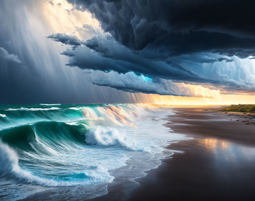 Stormy Seascape with Sunlight and Green Waves