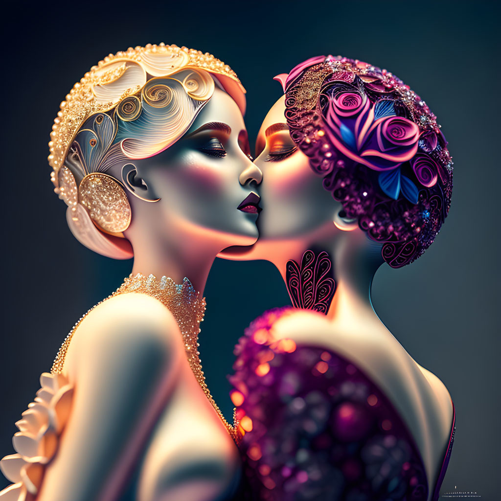 Stylized female figures in ornate headdresses and embellishments in close pose