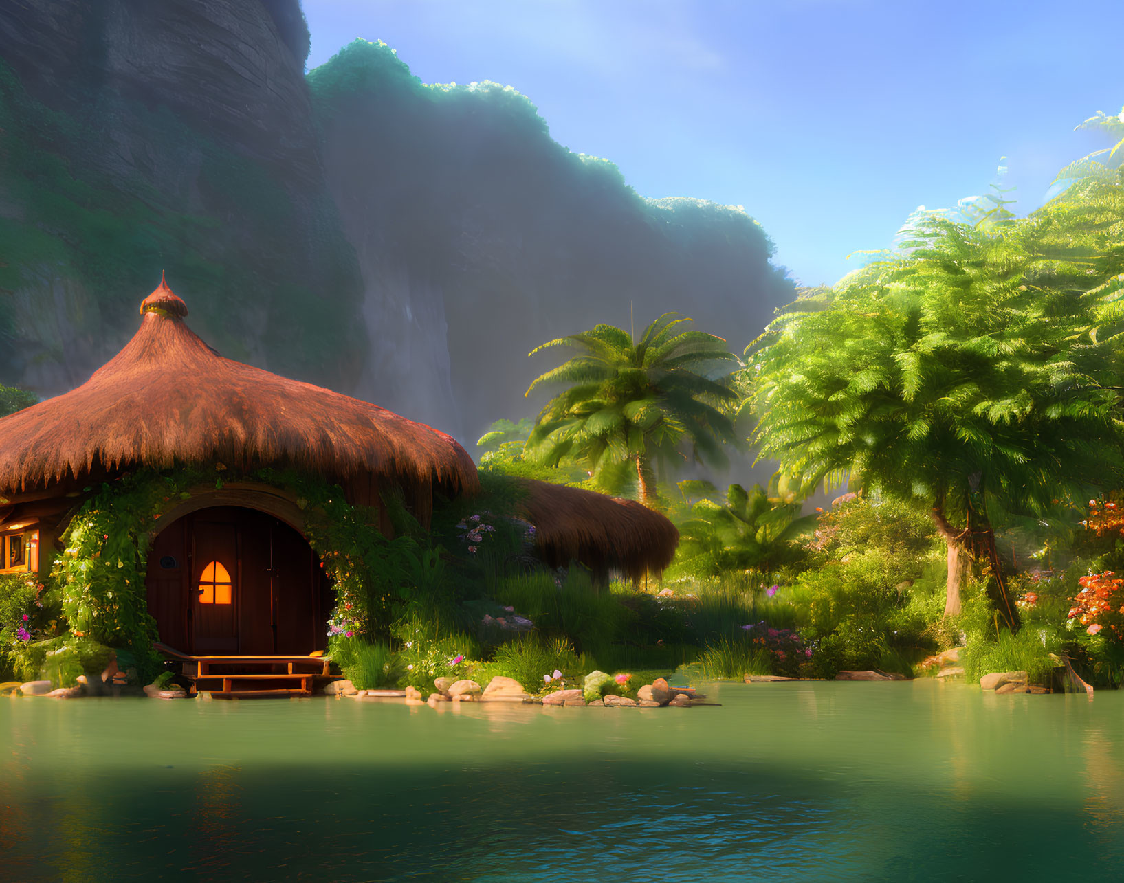 Thatched Hut in Lush Tropical Setting