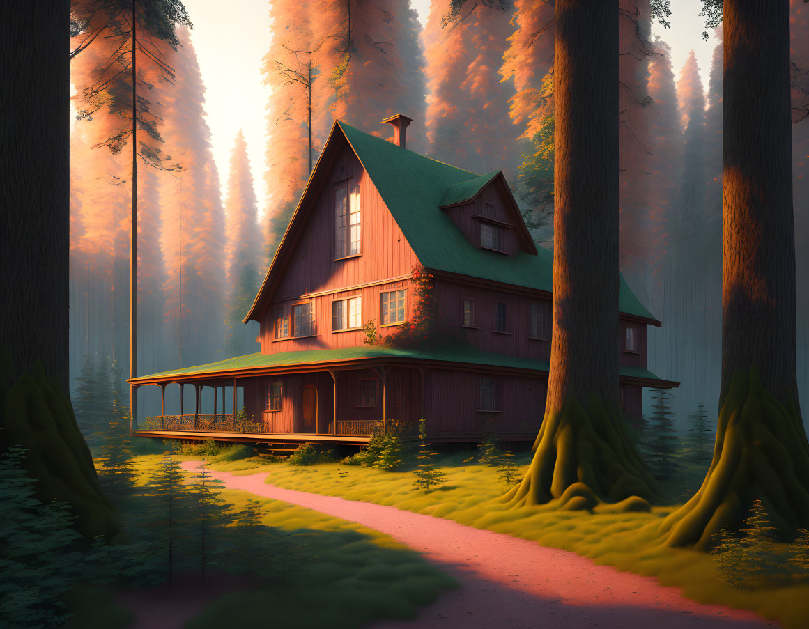 Serene forest scene: Two-story wooden house with green roof.