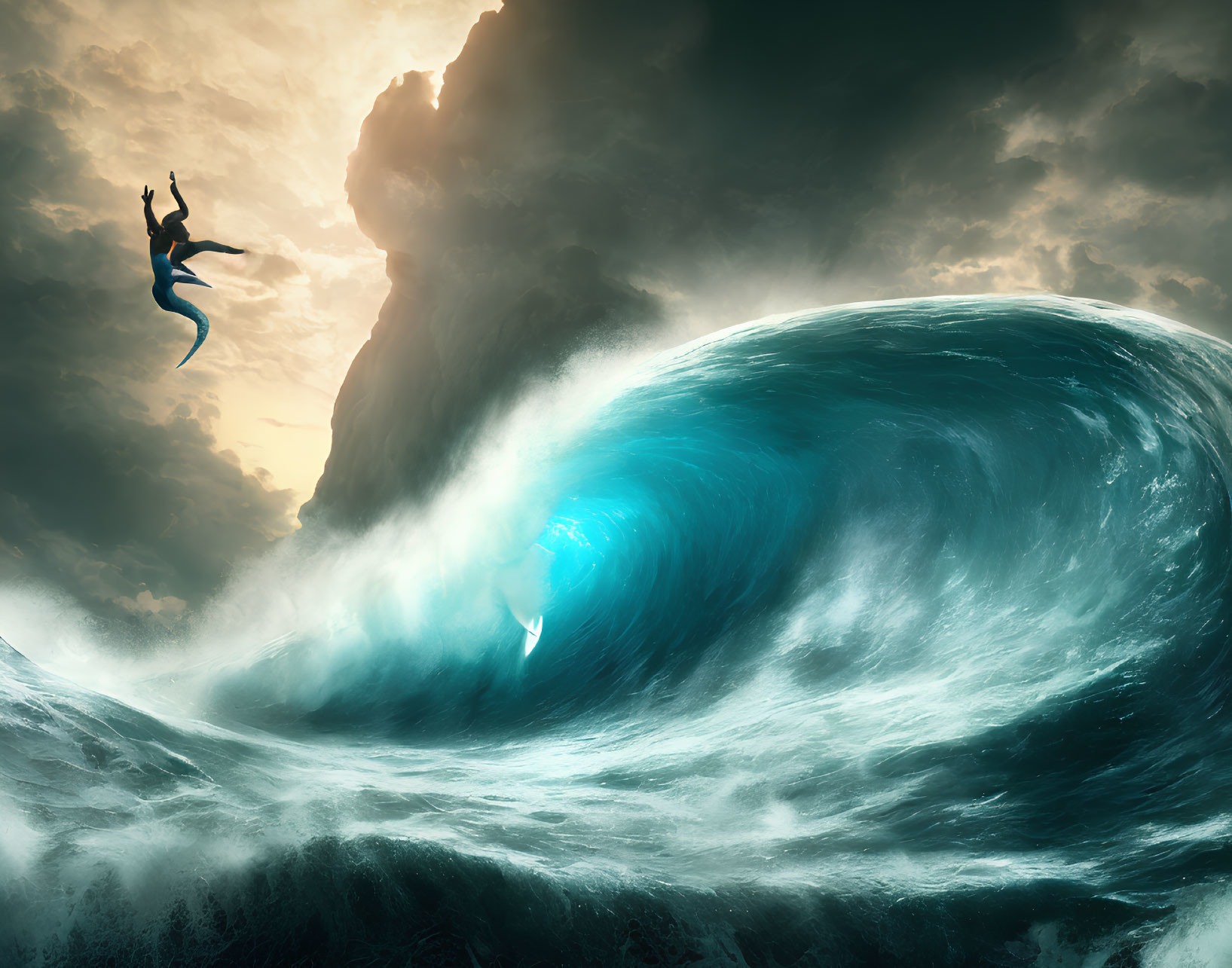 Person surfing massive blue wave under stormy sky depicts adventure and extreme sport.