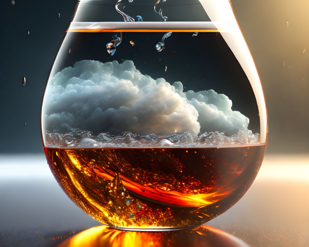 Surreal fishbowl with whiskey, tiny boat, stormy clouds, orange glow