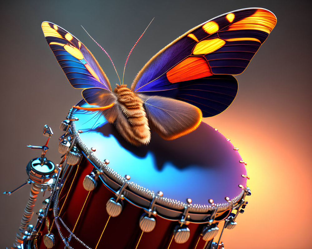 Colorful Butterfly Resting on Blue Snare Drum under Soft Light