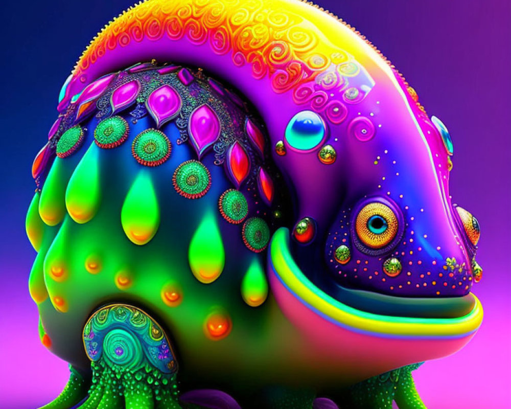 Colorful psychedelic creature with intricate shell patterns and multiple eyes on purple background