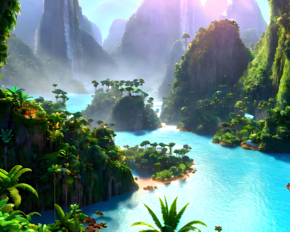 Tropical Paradise: Towering Cliffs, Turquoise River, Diverse Vegetation