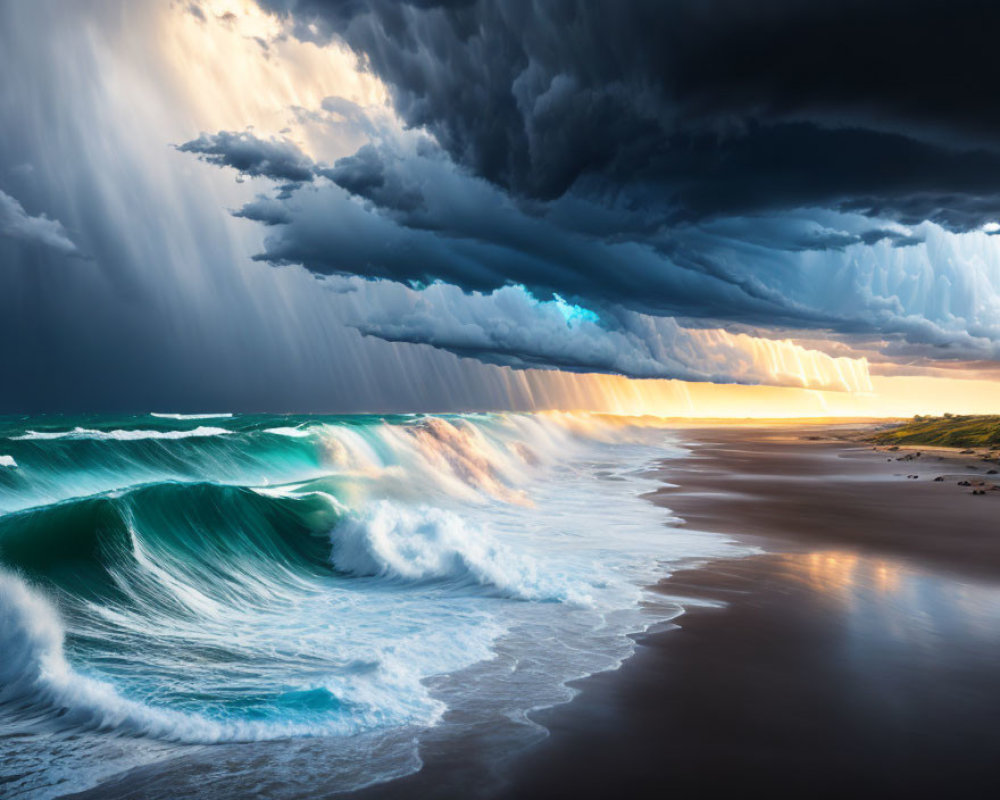 Stormy Seascape with Sunlight and Green Waves