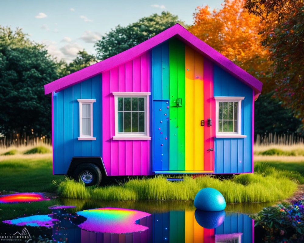 Colorful Tiny House on Wheels with Reflections in Puddles and Blue Sphere