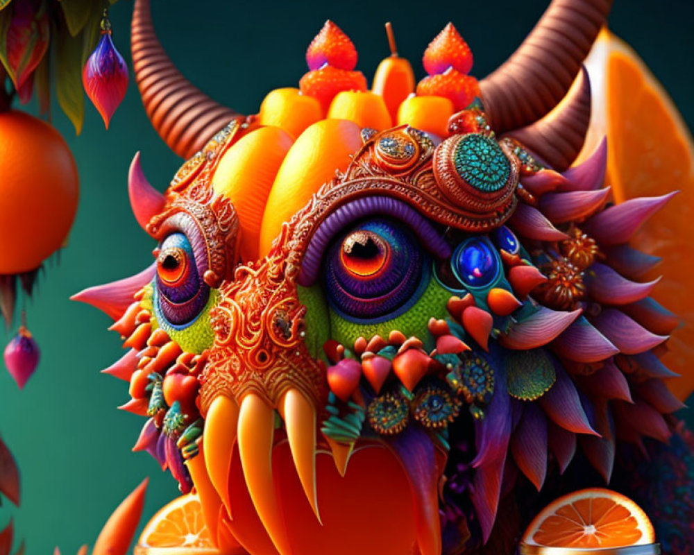 Colorful fantastical creature with multiple eyes and floral elements on green background