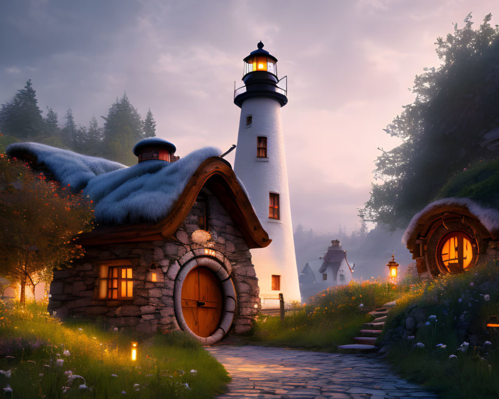 Charming lighthouse cottage in twilight landscape