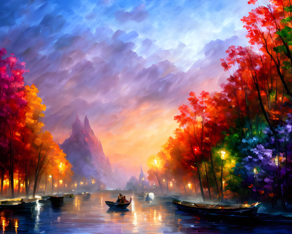 Colorful Autumn Trees Painting: Couple Rowing Under Canopy