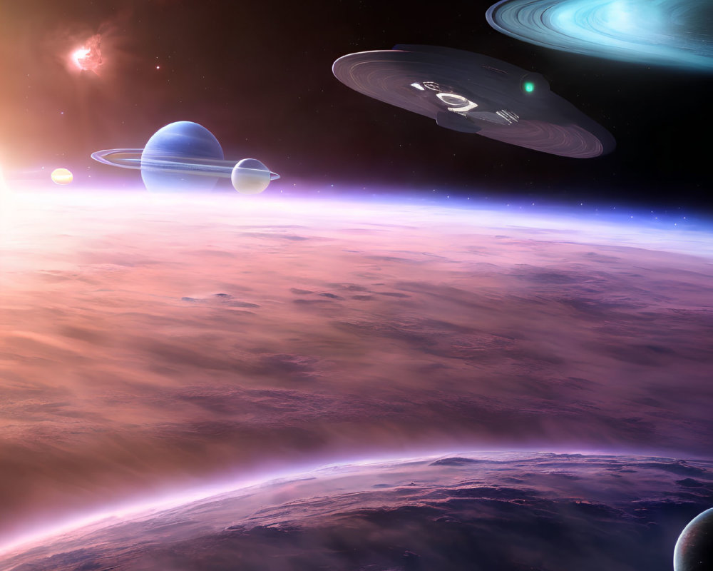 Colorful Space Scene with Star Trek-style Spaceship, Planets, Nebula, and Stars