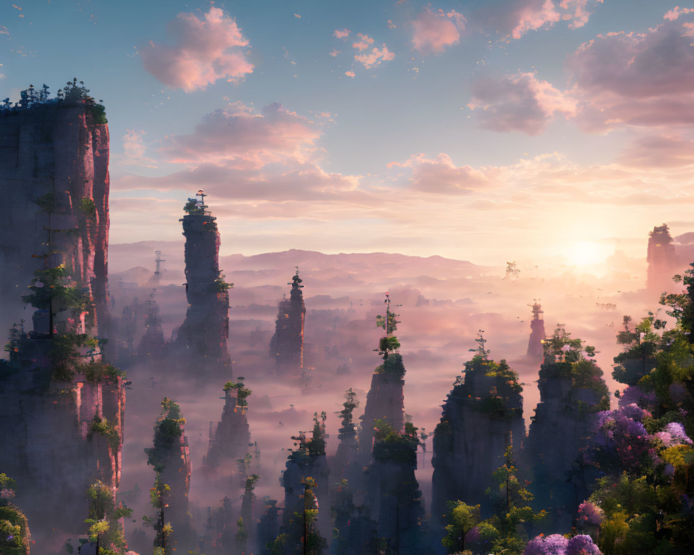 Majestic cliffs, misty forests, purple flowers, and a stunning sunrise landscape