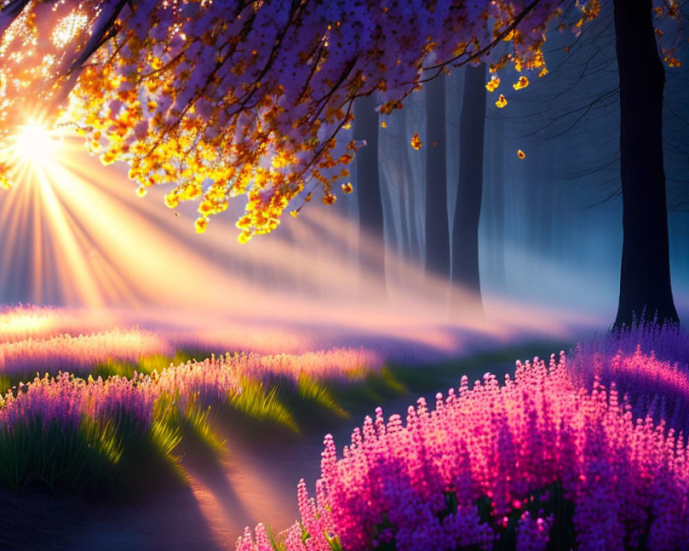 Scenic forest path with blooming trees and sunrise rays