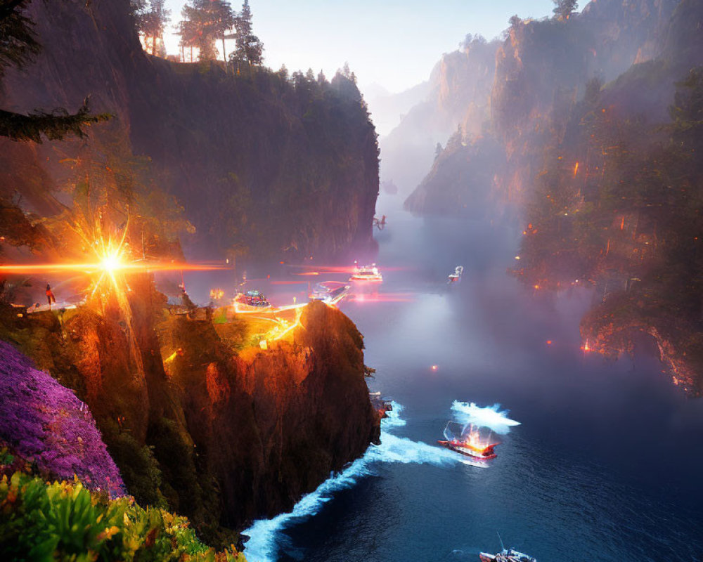 Scenic lakeside dusk view with illuminated boats, cliffs, trees, and mist reflections