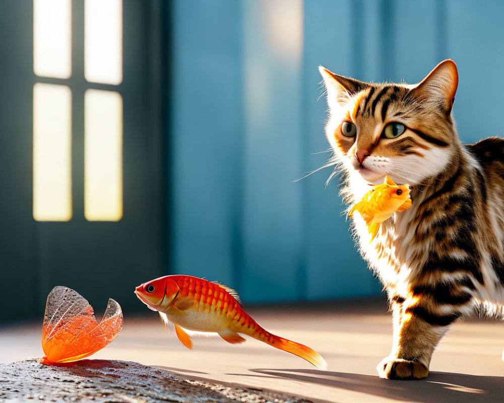 Curious cat with toy fish stares at goldfish out of bowl in sunlit room